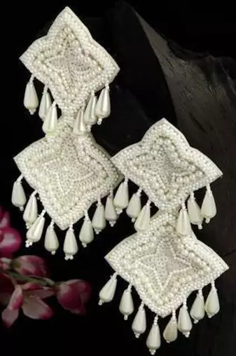 White long dangler earrings, long handmade earrings, indian jewelry, indian earrings, oxidized earrings
