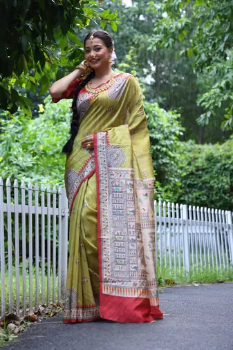 Yellow Soft Tussar Silk Saree With Beautiful Madhubani Print Pallu And Contrast Border With Blouse