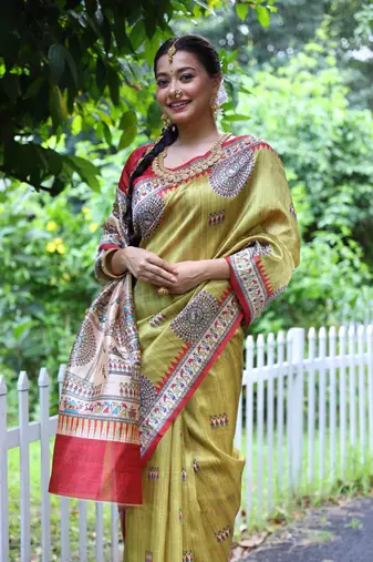 Yellow Soft Tussar Silk Saree With Beautiful Madhubani Print Pallu And Contrast Border With Blouse