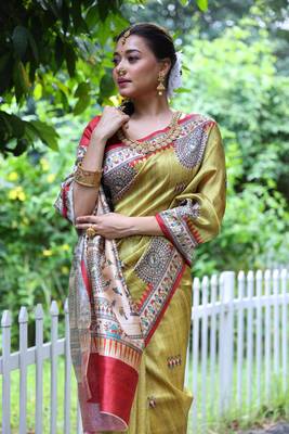 Yellow Soft Tussar Silk Saree With Beautiful Madhubani Print Pallu And Contrast Border With Blouse 4