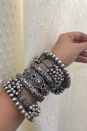 Silver antique ghunghroo kada hand bangles set of 7 silver plated kada bracelet silver look openable kada