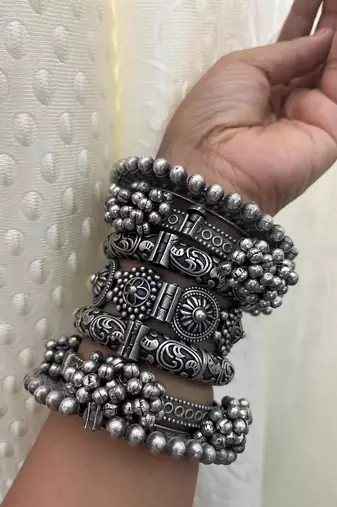 Silver antique ghunghroo kada hand bangles set of 7 silver plated kada bracelet silver look openable kada
