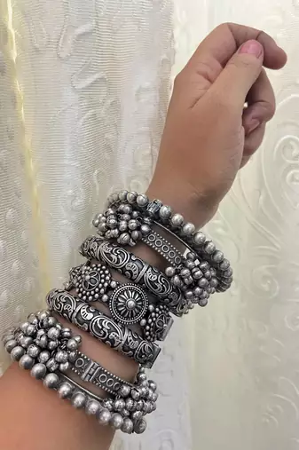 Silver antique ghunghroo kada hand bangles set of 7 silver plated kada bracelet silver look openable kada
