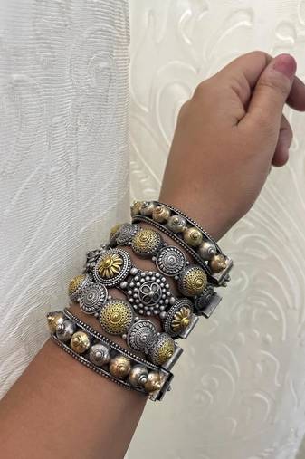 Indian bangles set of 5 dual tone kada oxidised indian gold silver plated hand kada bracelet