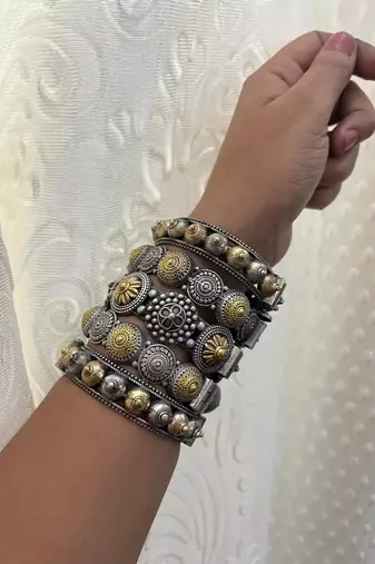 Indian bangles set of 5 dual tone kada oxidised indian gold silver plated hand kada bracelet