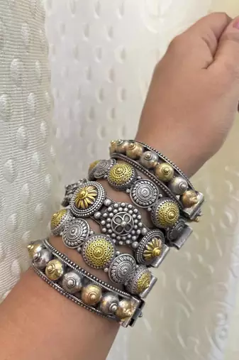 Indian bangles set of 5 dual tone kada oxidised indian gold silver plated hand kada bracelet