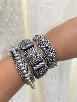 Set of 3 kada silver oxidised bangle set traditional indian hand jewellery plated hand kada bracelet 1