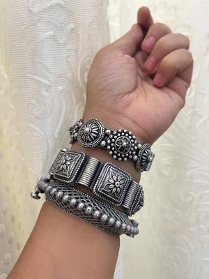 Set of 3 kada silver oxidised bangle set traditional indian hand jewellery plated hand kada bracelet 2