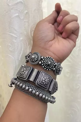 Set of 3 kada silver oxidised bangle set traditional indian hand jewellery plated hand kada bracelet