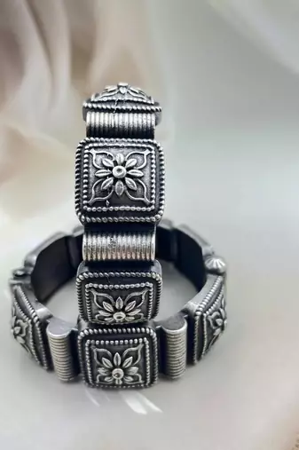 Set of 3 kada silver oxidised bangle set traditional indian hand jewellery plated hand kada bracelet