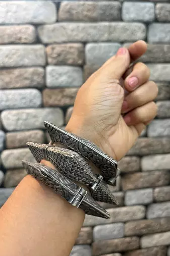 Indian square kada openable bangle set silver plated hand kada bracelet antique silver look kada broad bracelet