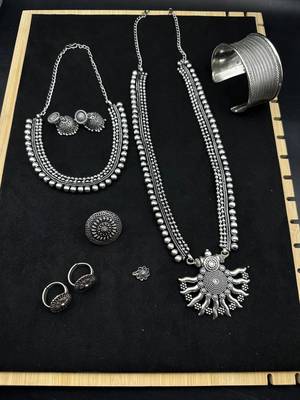 Silver choker necklace oxidised jewelry set of 7 long necklace set, ethnic jewelry, temple jewelry 1