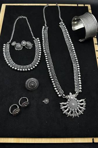 Silver choker necklace oxidised jewelry set of 7 long necklace set, ethnic jewelry, temple jewelry