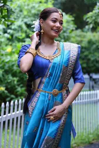 Sky Blue Soft Tussar Silk Saree With Beautiful Madhubani Print Pallu And Contrast Border With Blouse