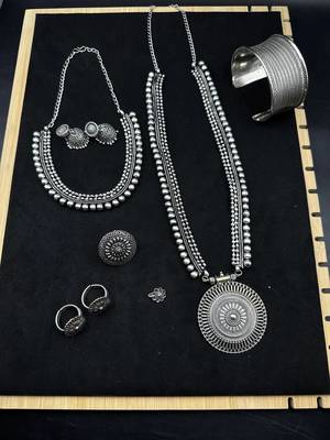 Silver choker necklace oxidised jewelry set of 7 long necklace set, ethnic jewelry, temple jewelry 1