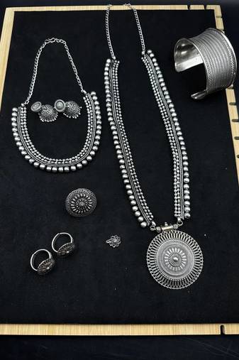 Silver choker necklace oxidised jewelry set of 7 long necklace set, ethnic jewelry, temple jewelry
