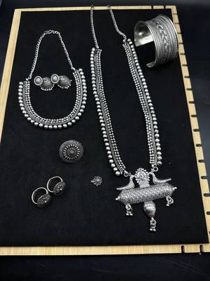 German silver necklace oxidised jewelry set of long necklace set, ethnic jewelry, temple jewelry 1
