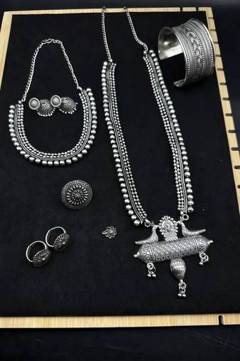 German silver necklace oxidised jewelry set of long necklace set, ethnic jewelry, temple jewelry