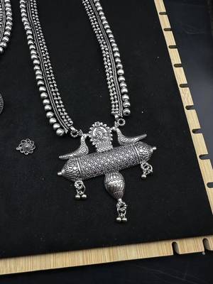 German silver necklace oxidised jewelry set of long necklace set, ethnic jewelry, temple jewelry 2