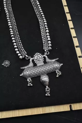 German silver necklace oxidised jewelry set of long necklace set, ethnic jewelry, temple jewelry