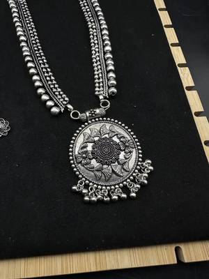 German silver necklace oxidised jewelry set of long necklace set, ethnic jewelry, temple jewelry 2