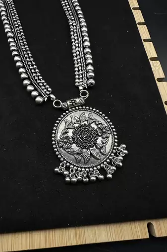 German silver necklace oxidised jewelry set of long necklace set, ethnic jewelry, temple jewelry