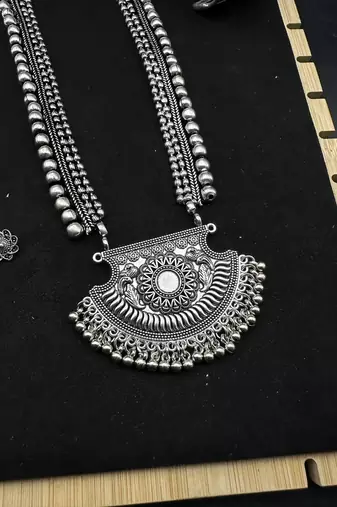 German silver necklace oxidised jewelry set of long necklace set, ethnic jewelry, temple jewelry