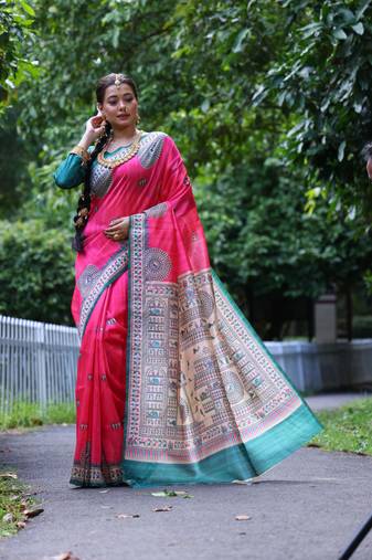 Pink Soft Tussar Silk Saree With Beautiful Madhubani Print Pallu And Contrast Border With Blouse