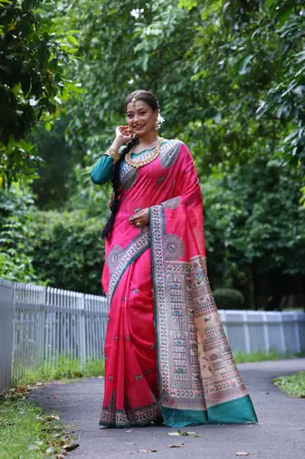 Pink Soft Tussar Silk Saree With Beautiful Madhubani Print Pallu And Contrast Border With Blouse