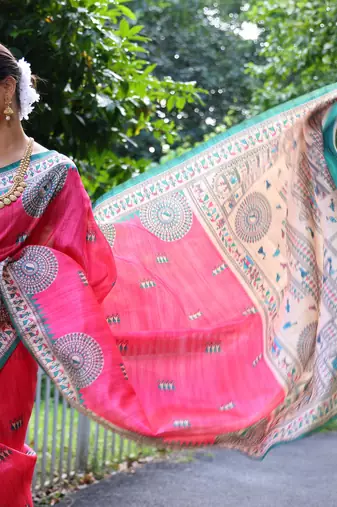 Pink Soft Tussar Silk Saree With Beautiful Madhubani Print Pallu And Contrast Border With Blouse