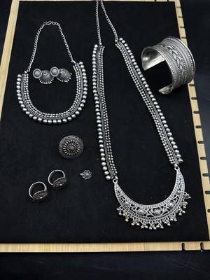 Indian silver jewelry set of long necklace set, ethnic jewelry, temple jewelry, indian jewelry necklace set 1