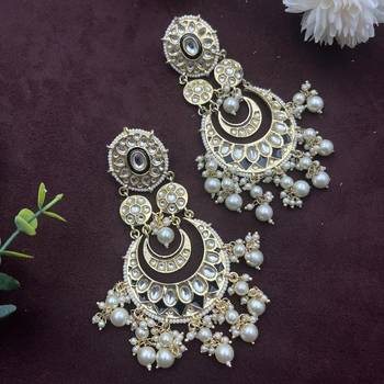 Kundan and pearl dangle earrings, chand earrings, indian wedding earrings, bridal jewelry moon shaped earrings 2