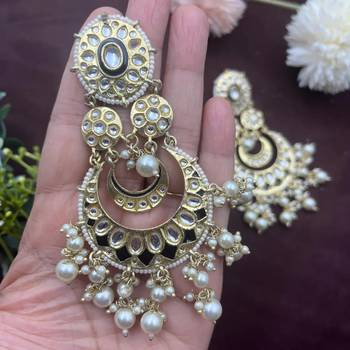 Kundan and pearl dangle earrings, chand earrings, indian wedding earrings, bridal jewelry moon shaped earrings 3