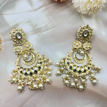 Kundan and pearl dangle earrings, chand earrings, indian wedding earrings, bridal jewelry moon shaped earrings 4