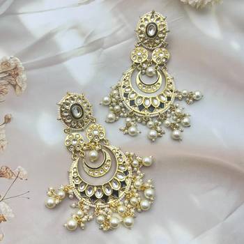 Kundan and pearl dangle earrings, chand earrings, indian wedding earrings, bridal jewelry moon shaped earrings 5