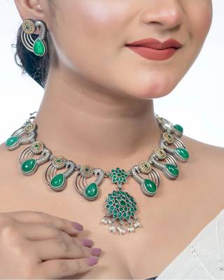 Oxidised green stone necklace set, dual tone indian jewellery, south indian jewellery gifts for her 2