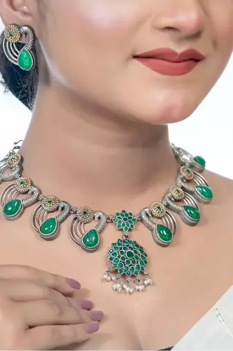 Oxidised green stone necklace set, dual tone indian jewellery, south indian jewellery gifts for her