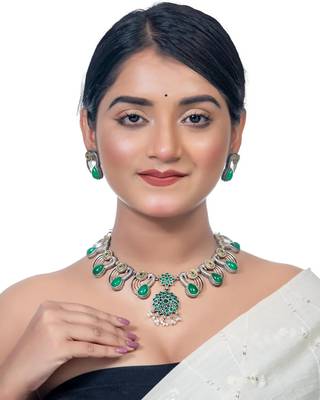 Oxidised green stone necklace set, dual tone indian jewellery, south indian jewellery gifts for her 1