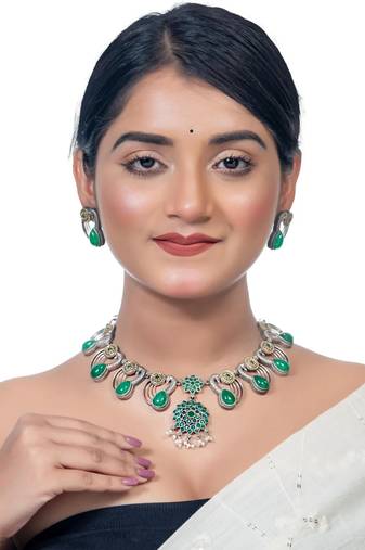 Oxidised green stone necklace set, dual tone indian jewellery, south indian jewellery gifts for her