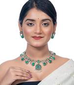 Oxidised green stone necklace set, dual tone indian jewellery, south indian jewellery gifts for her