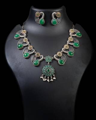 Oxidised green stone necklace set, dual tone indian jewellery, south indian jewellery gifts for her 4