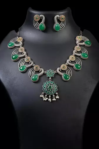Oxidised green stone necklace set, dual tone indian jewellery, south indian jewellery gifts for her