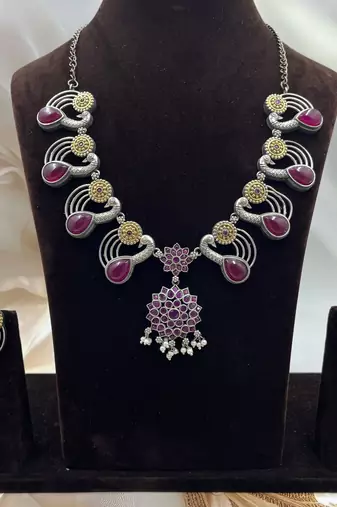 Oxidised red stone necklace set, dual tone indian jewellery, south indian jewellery, statement necklace