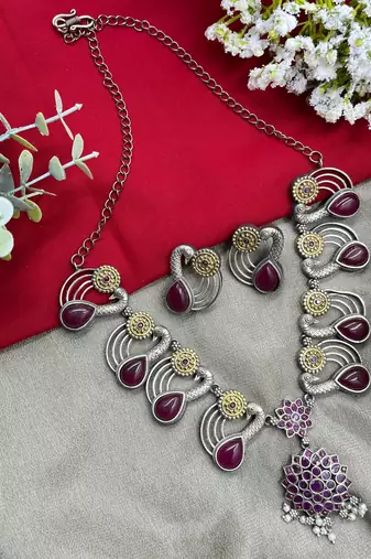 Oxidised red stone necklace set, dual tone indian jewellery, south indian jewellery, statement necklace