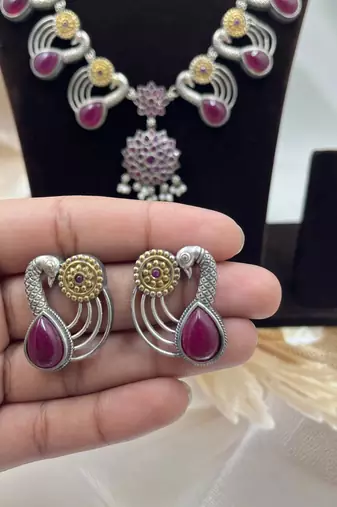 Oxidised red stone necklace set, dual tone indian jewellery, south indian jewellery, statement necklace