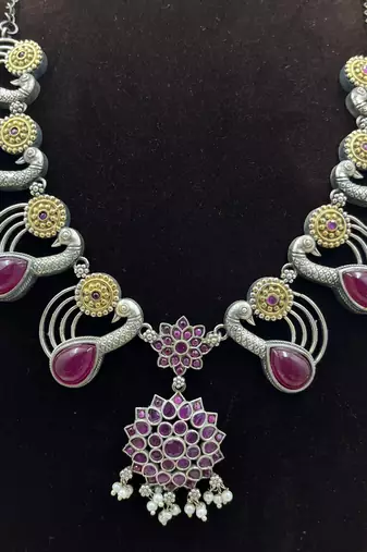 Oxidised red stone necklace set, dual tone indian jewellery, south indian jewellery, statement necklace