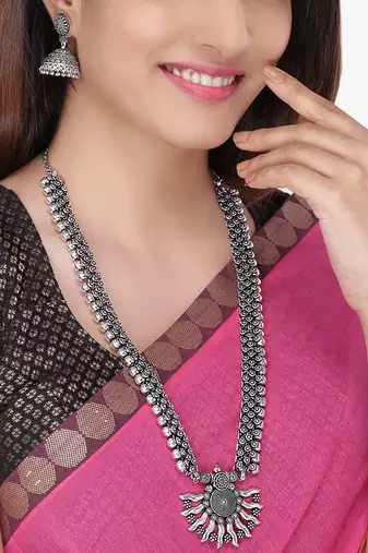 German silver oxidized traditional long pendant necklace set with jhumka earrings