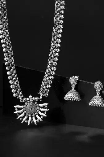 German silver oxidized traditional long pendant necklace set with jhumka earrings