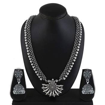 German silver oxidized traditional long pendant necklace set with jhumka earrings 1