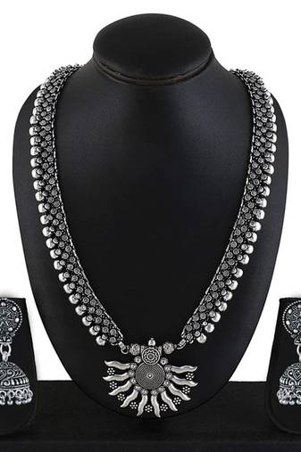 German silver oxidized traditional long pendant necklace set with jhumka earrings